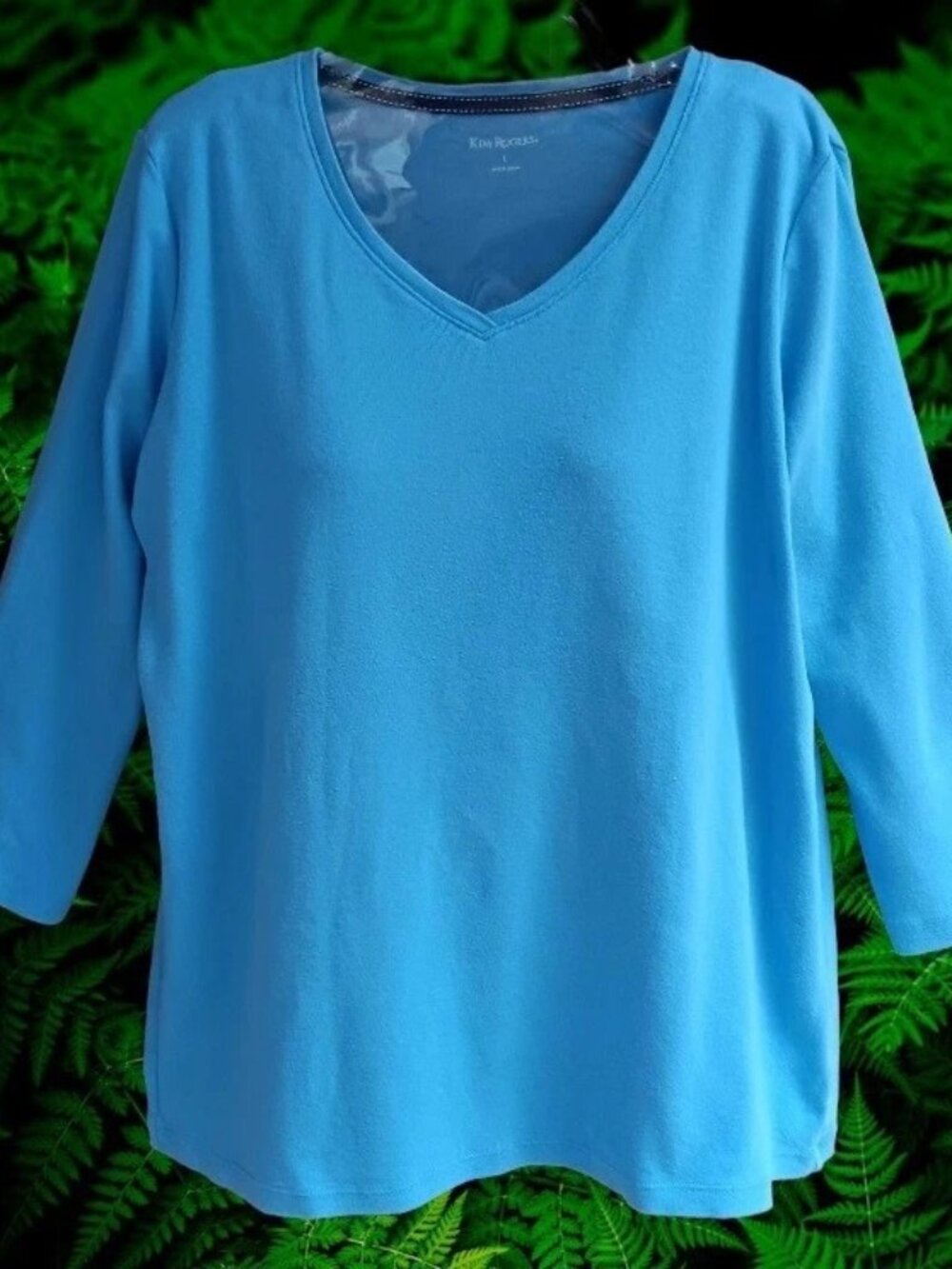 Kim Rogers Womens V-neck Top Pullover 3/4 Sleeves 100% Cotton Blue Size L